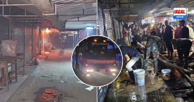 អគ្គិភ័យឆាបឆេះតូបលក់ដូរនៅផ្សារកន្ទួត! តូប៤ខ្នងឆេះខ្ទេចទាំងស្រុង សំណាងល្អមិនបណ្ដាលឲ្យមានមនុស្សរងរបួស